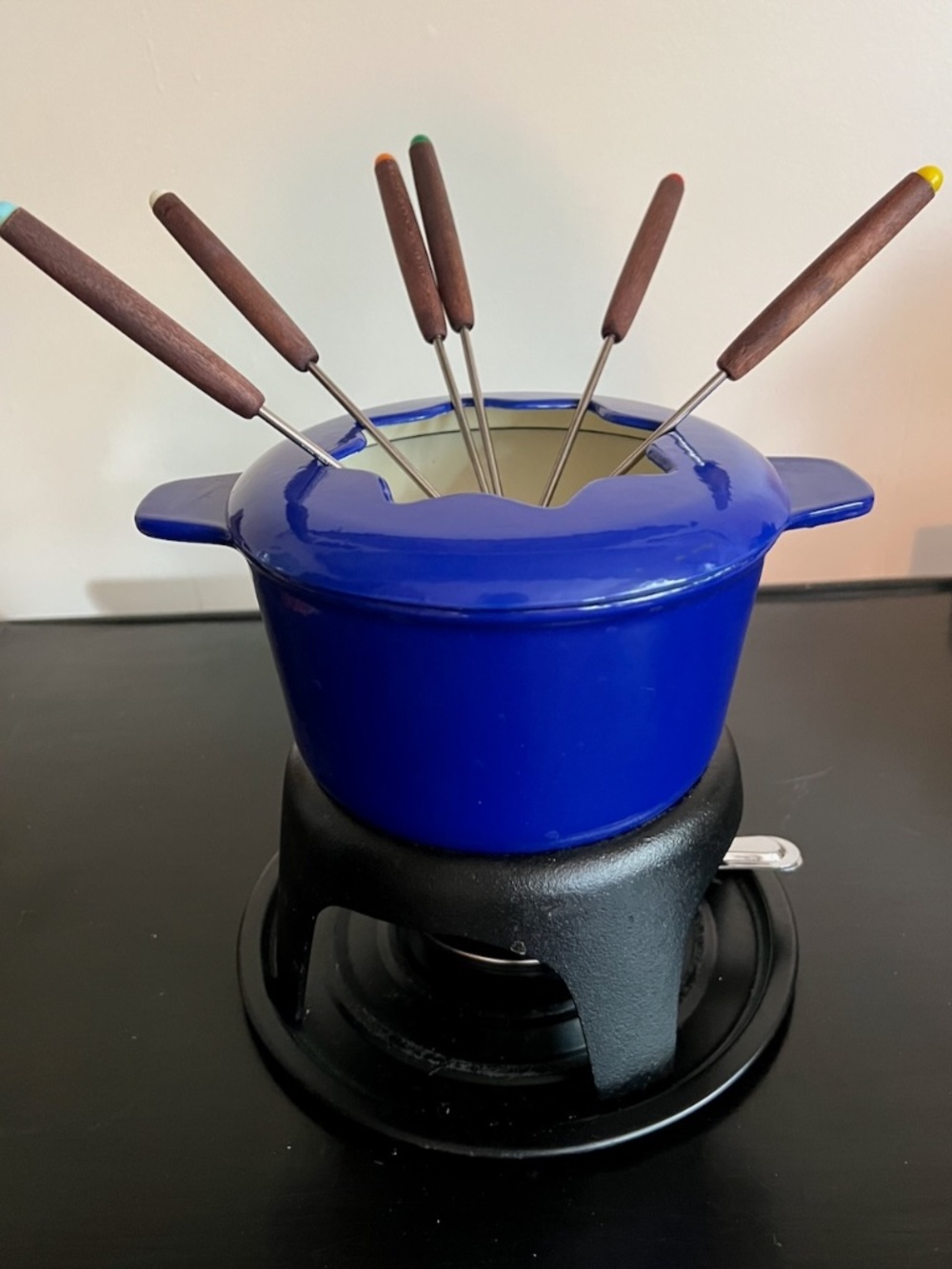 Benjamin & Medwin Cast Iron Porcelain Enamel Blue Fondue Set New in Box